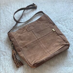 JOYN Brown Suede Crossbody Tote Shoulder Bag with adjustable leather strap